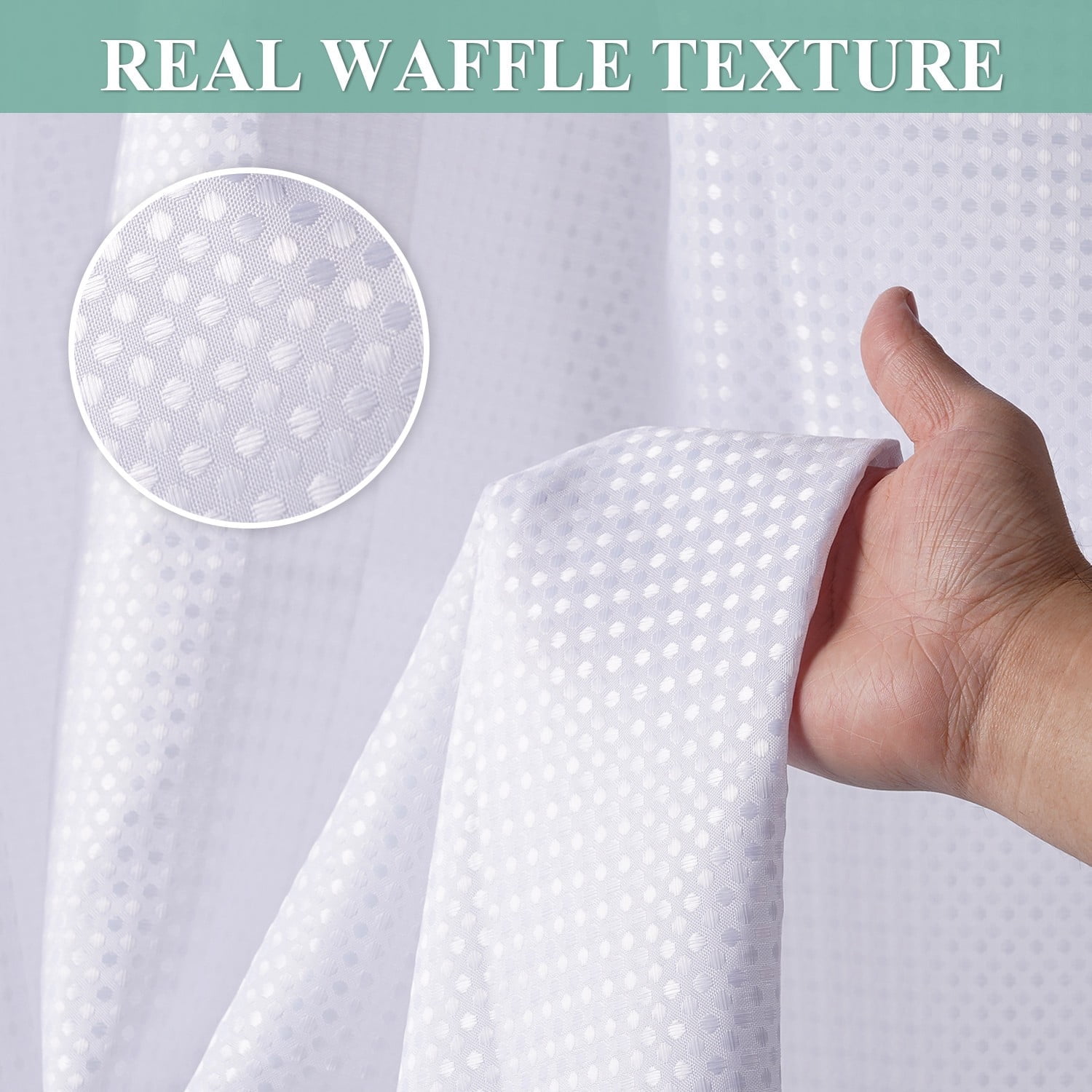 Vorfor Waffle Shower Curtain Set, 3-in-1 White Thick Weighted Fabric Shower Curtain with PEVA Liner & 12 Stainless Steel Double-Sided Hooks, 71 x 71