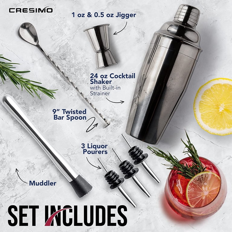 Cresimo 7-Pc Stainless Steel Cocktail Shaker Set & Bartender Kit with Muddler, Jigger, Spoon & more