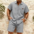 thumbnail image 3 of Havenx Summer Beach Outfits 2 Piece for Men Short Sleeve Waffle Knit Shirt and Shorts Sets Button Down Textured Lapel Collar Outfit with Pocket Vintage Fashion Summer Vacation Tracksuit,Gray M, 3 of 5