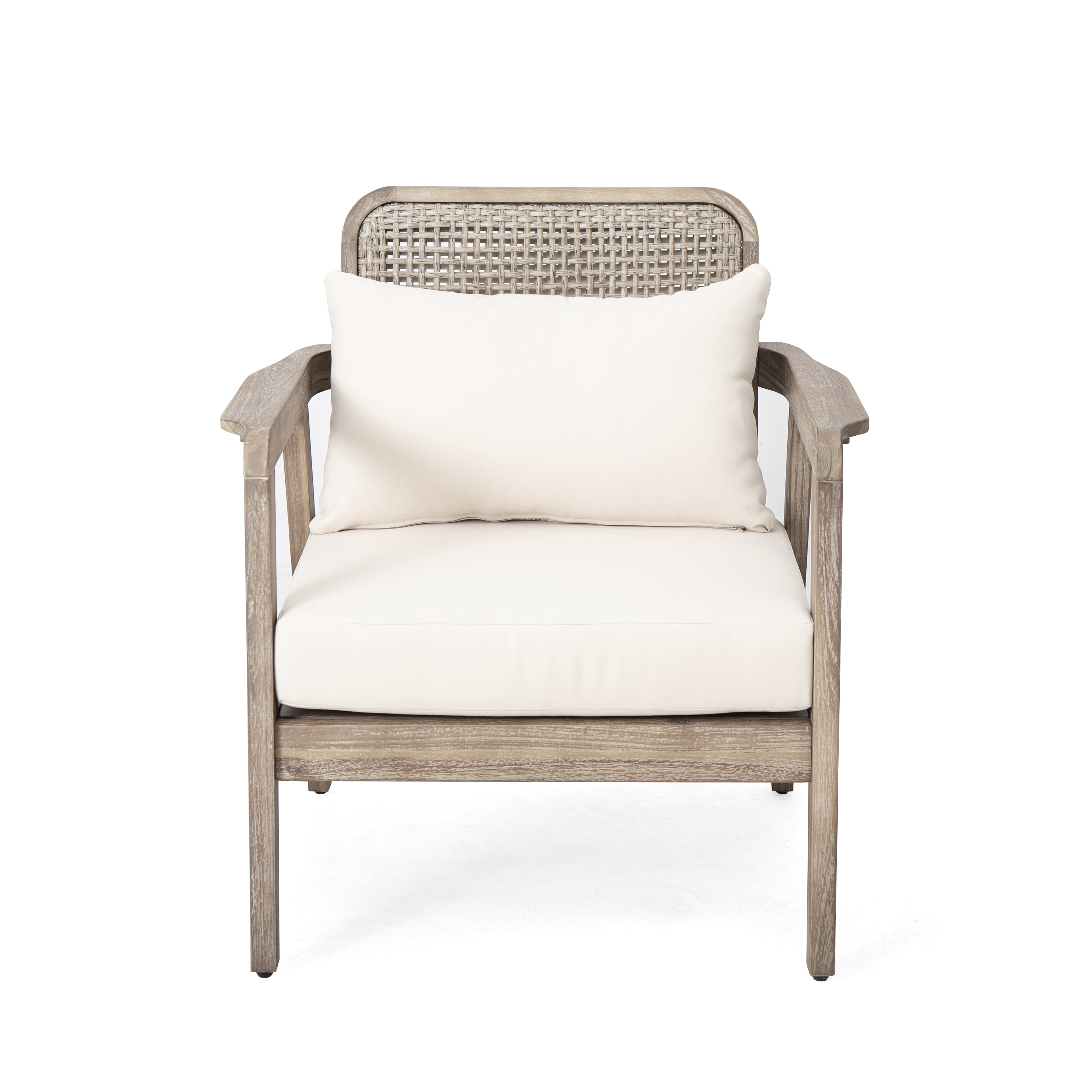Outdoor Acacia Wood Patio Club Chair, Patio Furniture Waterproof Thick Cushion for Porch Garden, Light Brown and Cream