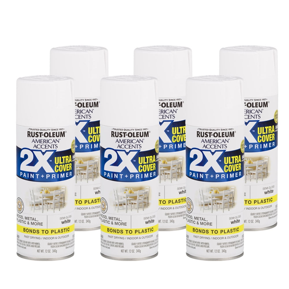 (2 pack) 6 Pack, White, Rust-Oleum American Accents 2X Ultra Cover Semi-Gloss Spray Paint- 12 oz