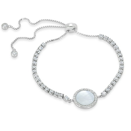 10mm Mother Of Pearl and White Cubic Zirconia Sterling Silver Rhodium Plated Round Box Chain Bolo Bracelet 10