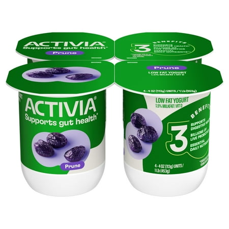 Activia Prune Low Fat Probiotic Yogurt Cups, Helps Support Gut Health, 4 oz, 4 Count