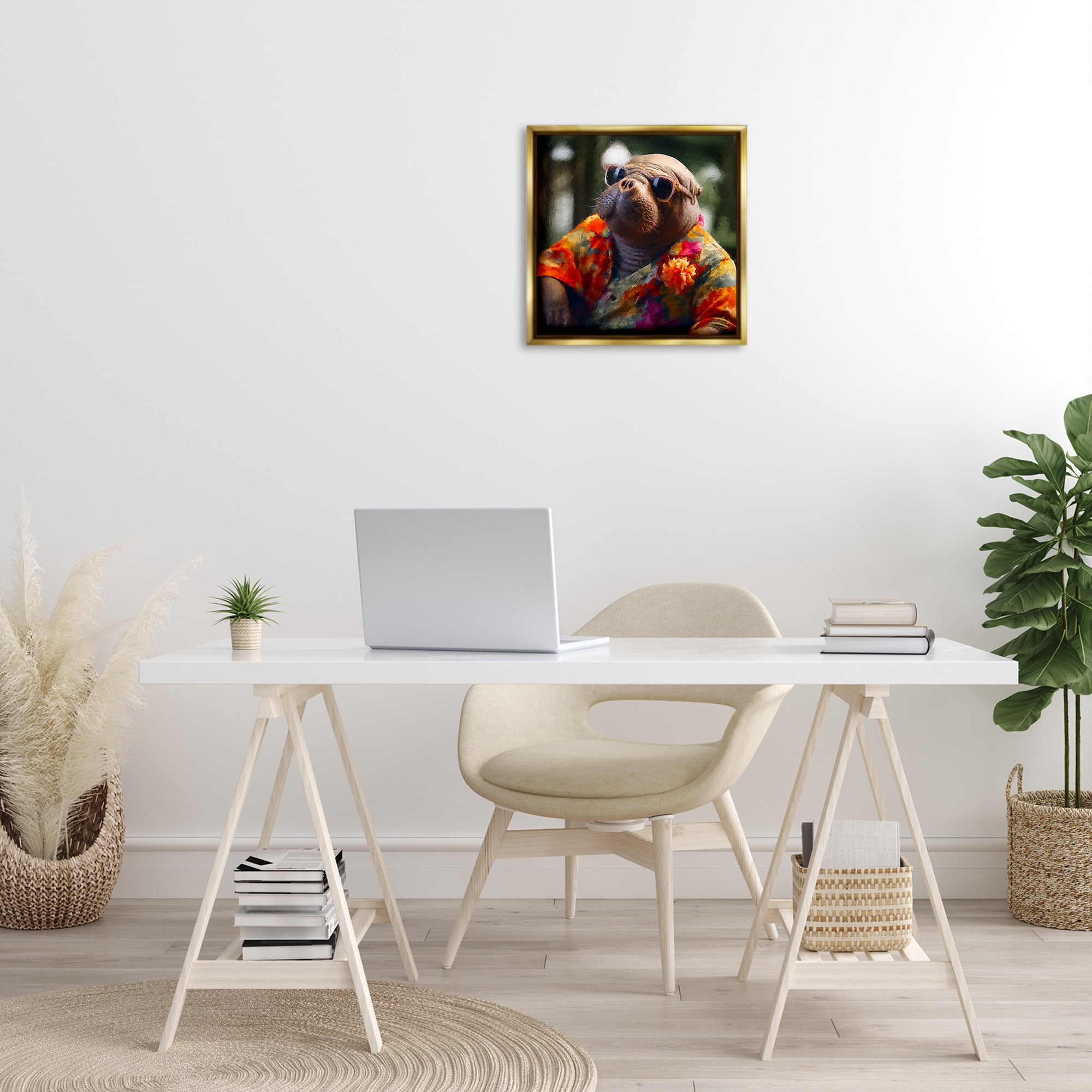 Stupell Industries Manatee with Aloha Shirt Animals & Insects Painting Gold Floater Framed Canvas Art Print Wall Art, 18 x 18