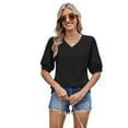 thumbnail image 2 of Womens Puff Short Sleeve Shirt Summer Tops V Neck Casual T Shirts Loose Fit Blouses Black XXL, 2 of 6