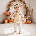 thumbnail image 2 of RUINIXCW Newborn Baby Girl Halloween Outfit Smocked Bubble Romper Infant Baby Girl Fall Clothes Pumpkin Print Long Sleeve Bodysuit Jumpsuit Headband, 2 of 10
