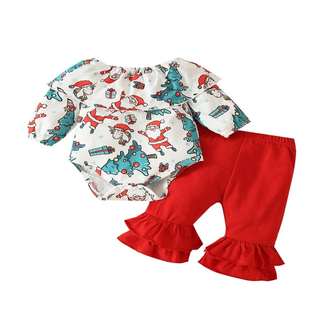 MesaSe Christmas Baby Girls Clothes 2pcs Santa Printed Off Shoulder Ruffle Romper Top Flares Pants Set Red 12-18 Months