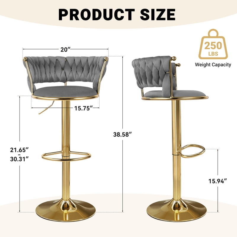 Daluvenix Velvet Bar Stools Set of 2, Counter Height Barstools with Low Back, Gold 360° Swivel Bar Stool ,Counter Height Bar Chairs for Kitchen Island, Pub,Dark Grey