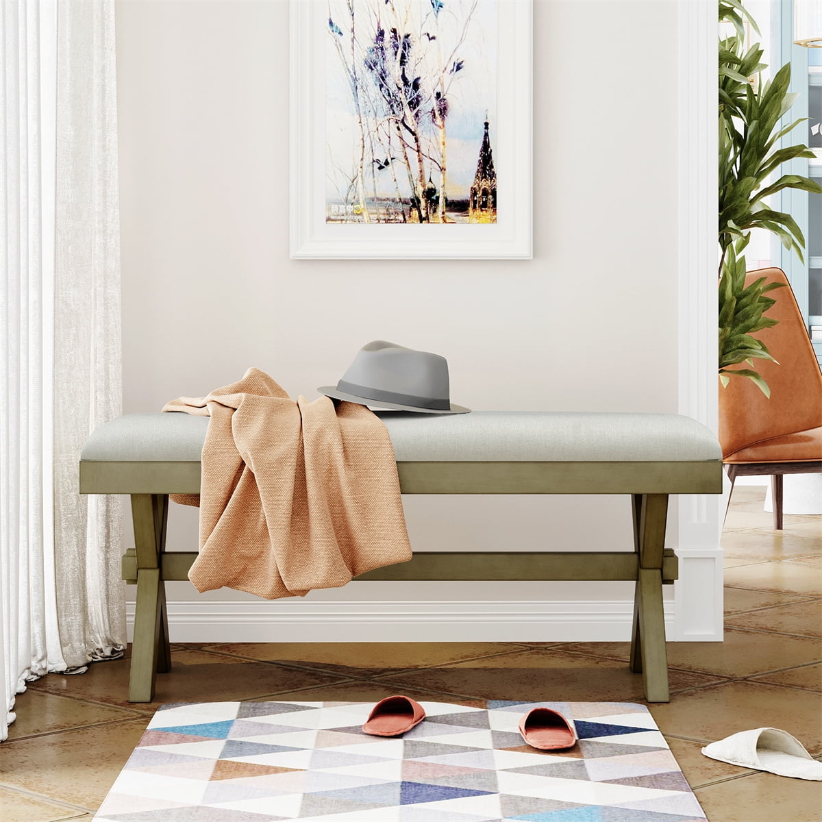 1 Piece Accent Bench, Farmhouse Rustic Dining Bench with Solid Wood