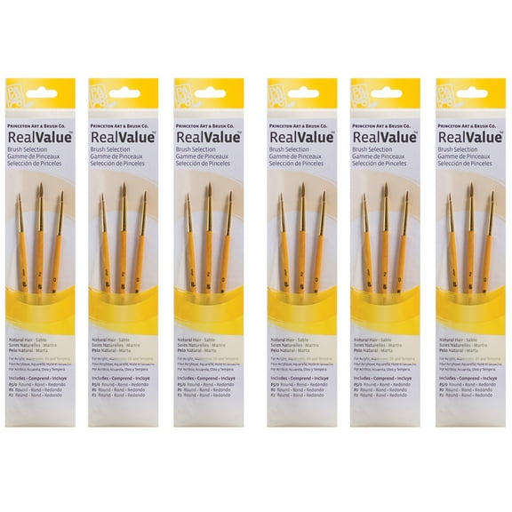 Princeton RealValue Round Brush Set, Camel Bristles, Short Handle Mixed Media Paintbrush, Yellow, 3 Per Set, 6 Sets
