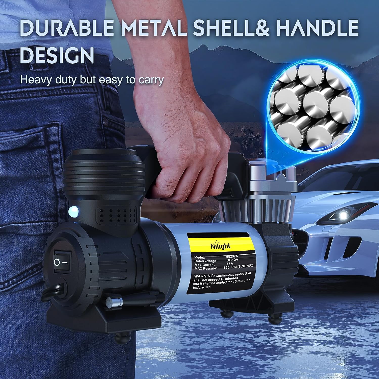 Nilight 12V DC Fast Inflation (30 L/min) Tire Inflator - Silver