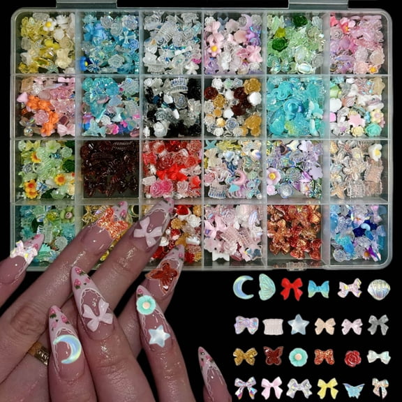 1 Box Multi Style Colorful Flower Bow Mixed Nail Art Decoration Sweet Translucent Mini Flower Nail Charms Supplies For Manicure DIY