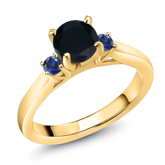 Gem Stone King 18K Yellow Gold Plated Silver Black Onyx and Blue Created Sapphire 3-Stone Engagement Ring for Women (0.90 Cttw, Round 6MM, Gemstone December Birthstone, Size 5)