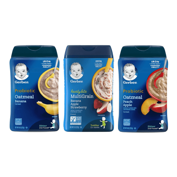 Gerber Probiotic Cereals Variety Pack, 1 Hearty Bits Multigrain, 1 Probiotic Oatmeal Banana, 1 Probiotic Peach Apple, 3 CT