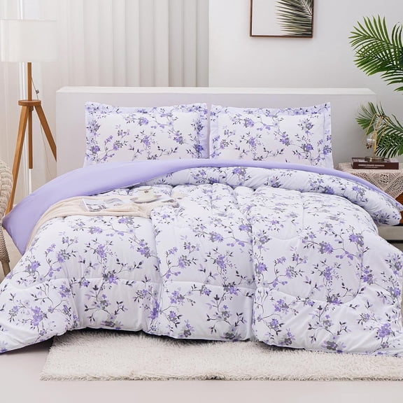 Floral Queen Size Comforter Sets, Lightweight Purple Lavender Botanical Printed Bedding for All Seasons, 3-Piece Vintage Bed in a Bag