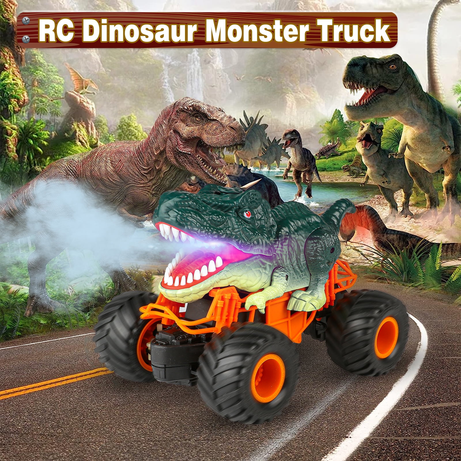 Beefunni Remote Control Dinosaur Cars for Boys, 2.4Ghz RC Dinosaur Toys Truck for Toddlers, Electric RC Car Toys with Light & Sound Spray Function for 3 4 5 6 7 8 Year olds Kids Boys Birthday Gift