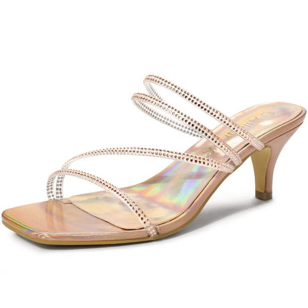 Sandalias de tacón de gatito Allegra K con tiras de diamantes de imitación para mujer Oro rosa 41