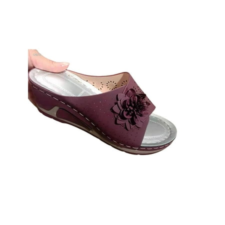

Tenmix Ladies Wedge Sandals Slip On Platform Sandal Summer Slides Beach Slide Slippers Womens Stylish Flower Casual Shoes Purple 7