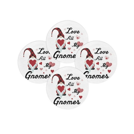 Valentine s Day Round Placemats Set of 4 Love All My Gnomes Place Mats Woven Placemat Love Heart Red Buffalo Check Plaid Circle Braided Table Mat for Kitchen Dining Table Wedding Party 15 Inch