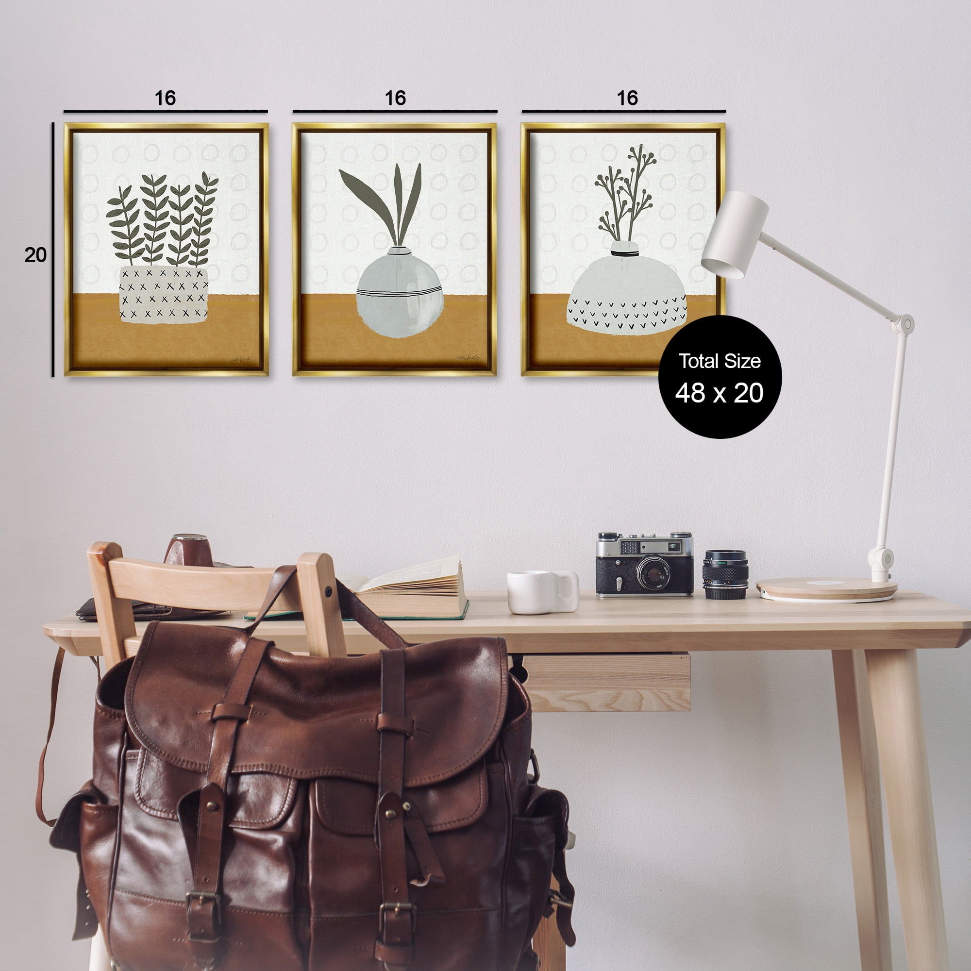 Stupell Industries Contemporary Plant Vases Botanical & Floral Painting Gold Floater Framed Canvas Art Print Wall Art, 17 x 21, Set of 3