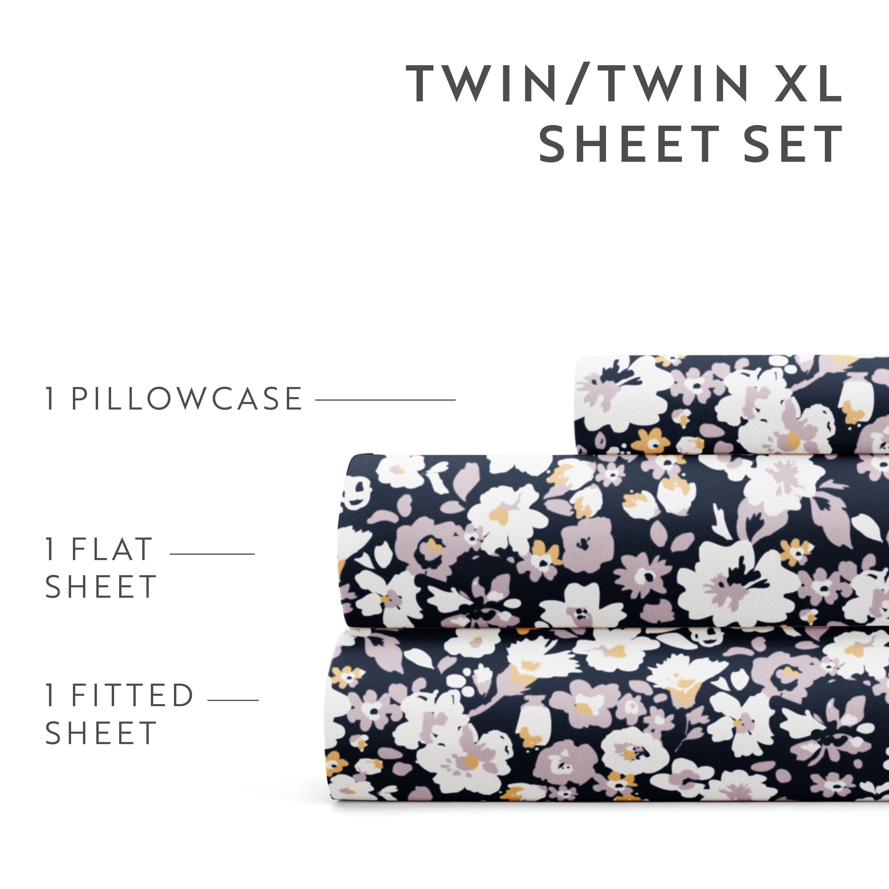 Noble Linens 4 Piece Pattern Microfiber Bed Sheets Set, Floral Dream Navy, Twin
