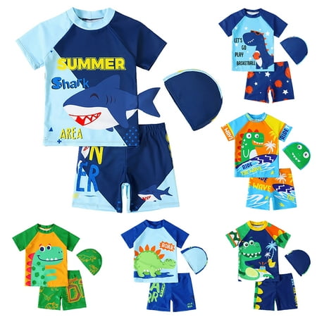 

GYRATEDREAM Boys Two Pieces Swimsuit Set Short Sleeve Kids Rash Guard Dinosaur Boys Bathing Suit with Hat for 1-7 Years