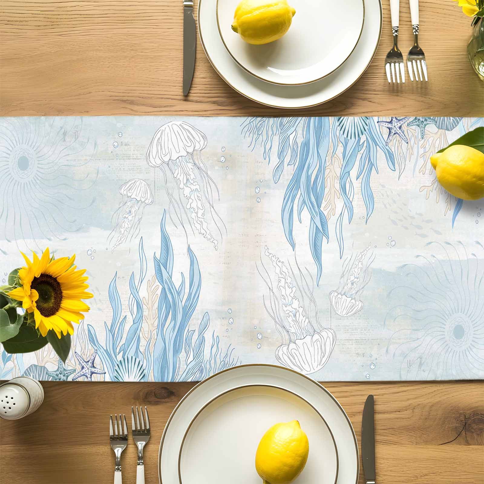 Burlap Table Runner 70 Inches Long, Sea Stars Jellyfish Non-Slip Kitchen Table Runners for Dining Room Everyday Use Party Table Decorations Marine Life on Retro Paper