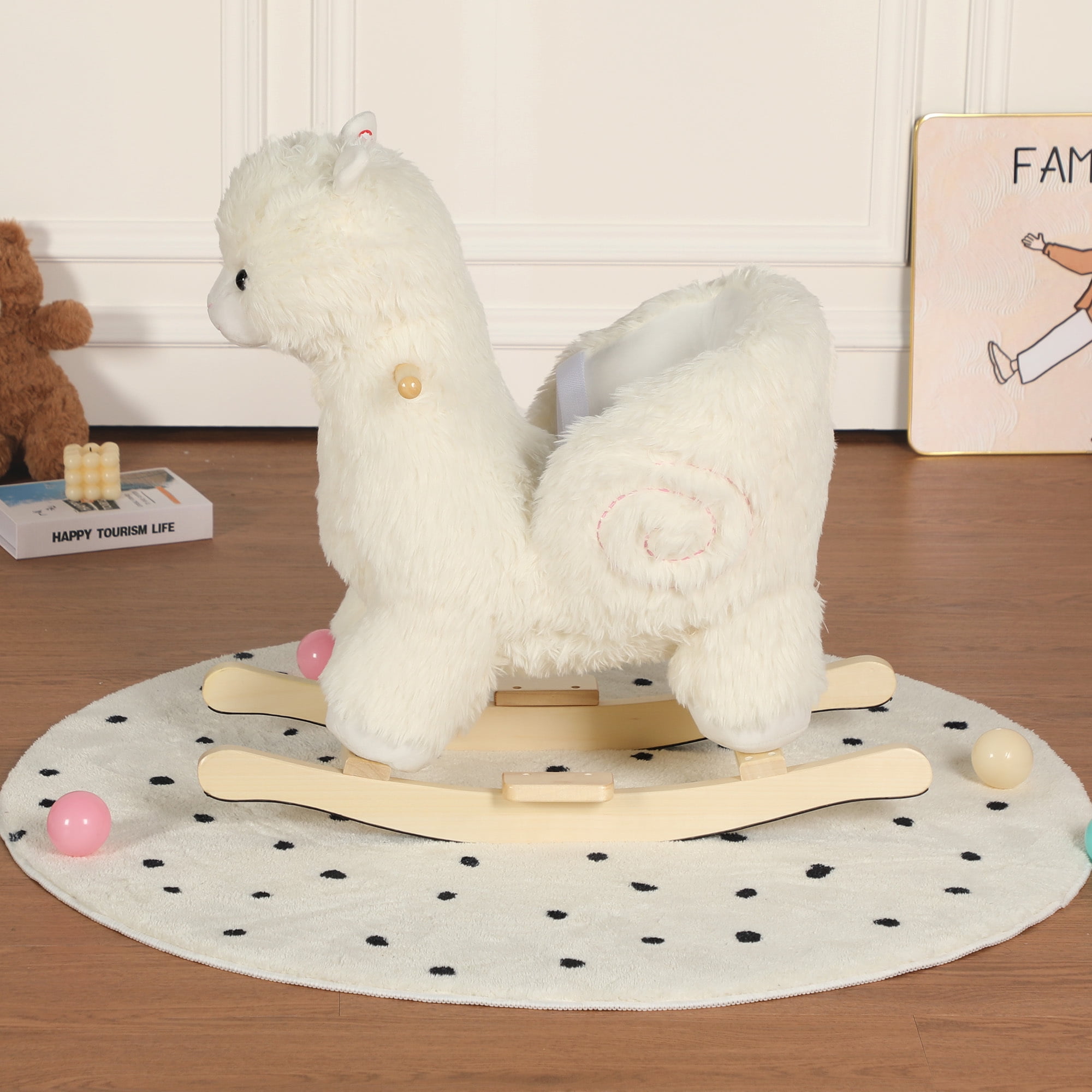 Alvantor Kids Rocking Horse, Plush Ride-On Toy with Music & Wooden Base, Alpaca Toddler Rocker for 1-5 Years White