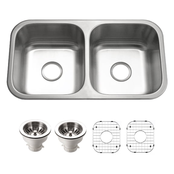 Houzer Belleo 32 inch Stainless Steel Drop-in Topmount 50/50 Double Bowl Kitchen Sink with Strainers & Grids - BSD-3209