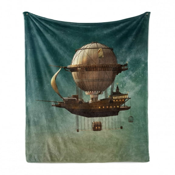 Fantasy Soft Flannel Fleece Throw Blanket, Surreal Sky Scenery Steampunk Airship Fairy Sci Fi Stardust Space Image, Cozy Plush for Indoor and Outdoor Use, 50" x 70", Teal and Brown, by Ambesonne