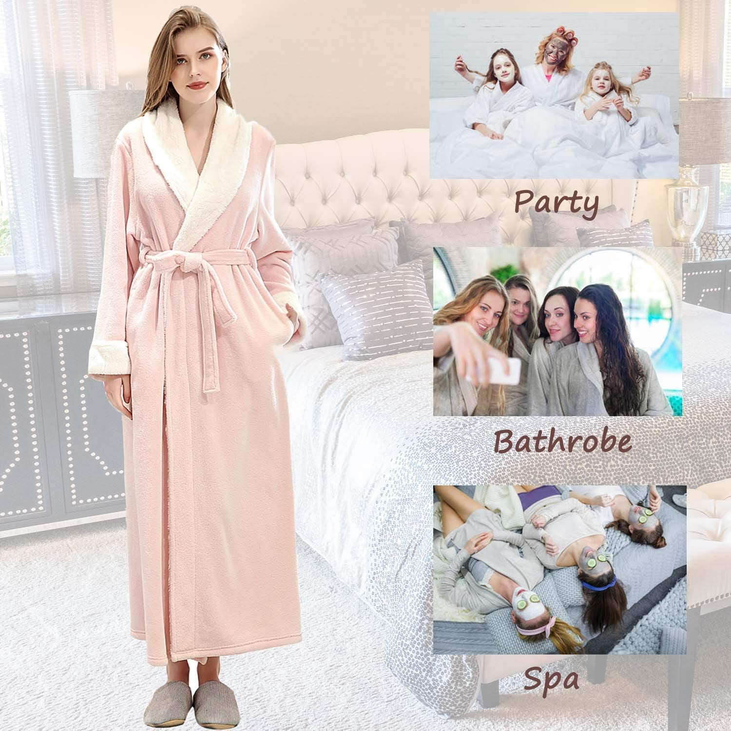 Générique Peignoirs Femme Polaire Long Épais Grande Taille Peignoir De Bain Avec Motif De Cœur Hiver Chaude Longue Peignoir Robe D'Interieur Doux Et Douillets Microfibre Flanelle Vêtements De Détente