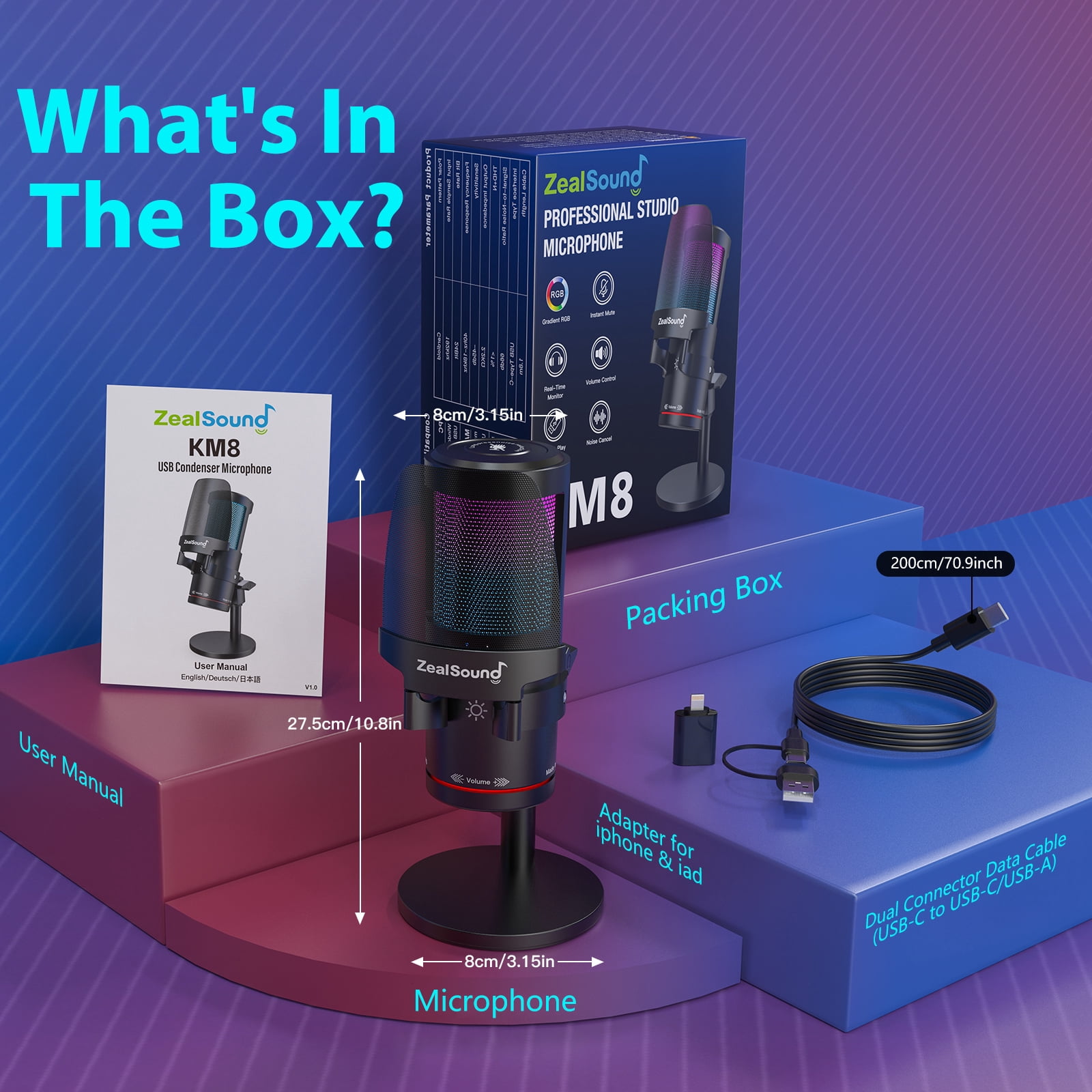 ZealSound Gaming USB Microphone,Noise Cancellation Condenser mic with RGB Light,Touch Mute,Gain,Monitoring for Streaming, Podcast, Twitch, YouTube, Discord, iPhone, iPad,PC,Computer,PS4,PS5,Mac