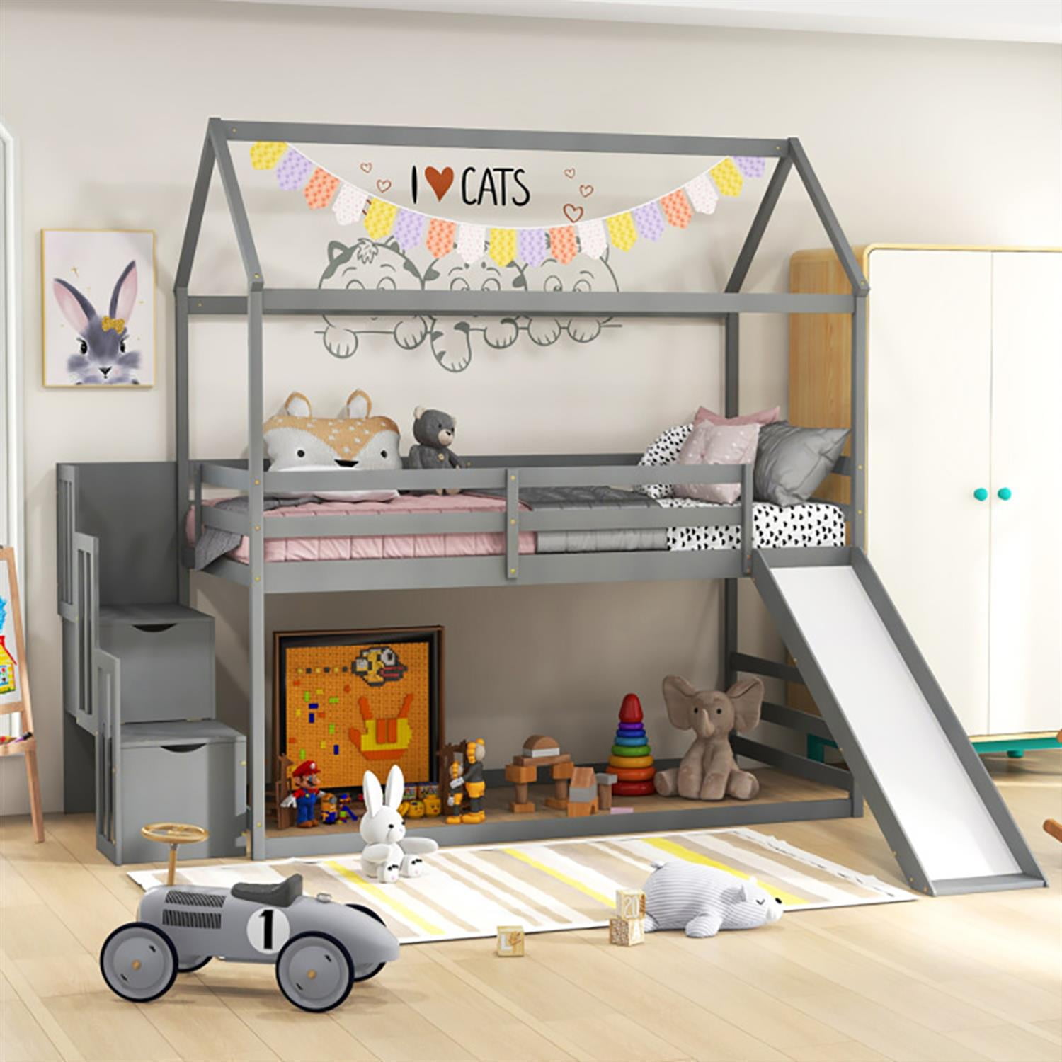 Demi Bonn Twin Over Twin Bunk Bed with Slide and 2-Step Storage Staircase, Solid Wood Loft Bed with Ladder and Full-length Guardrails, Gray
