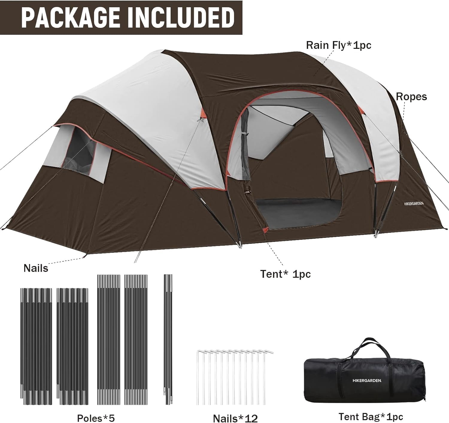 10 Person Camping Tent - Portable Easy Set Up Family Tent for Camp, Windproof Fabric Dome Tent Outdoor for Hiking, Backpacking, Traveling-14'x11'x74in(H)