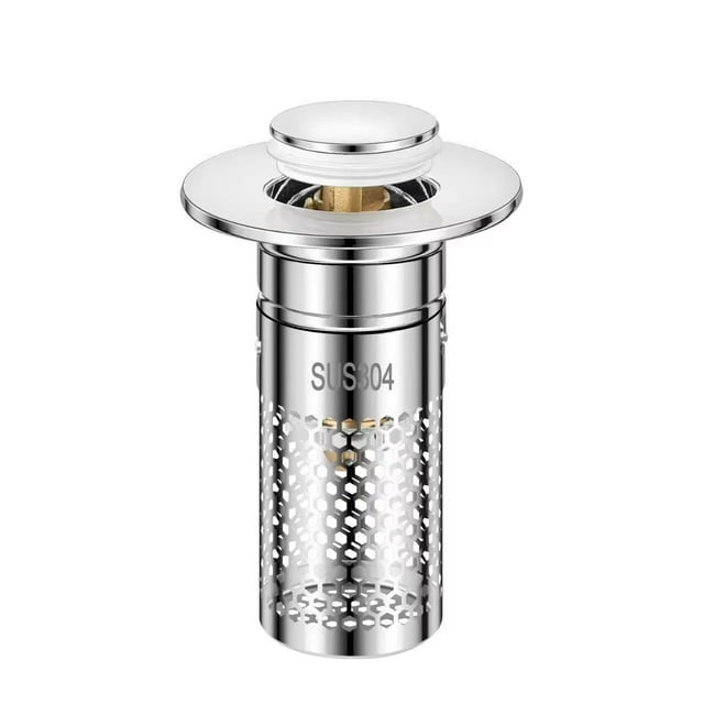 Tapón de desagüe universal para lavabo de baño, tapón de desagüe emergente, para orificios de drenaje estándar de EE. UU. de 2,8 a 3,8 cm, con filtro antiobstrucción (plateado)
