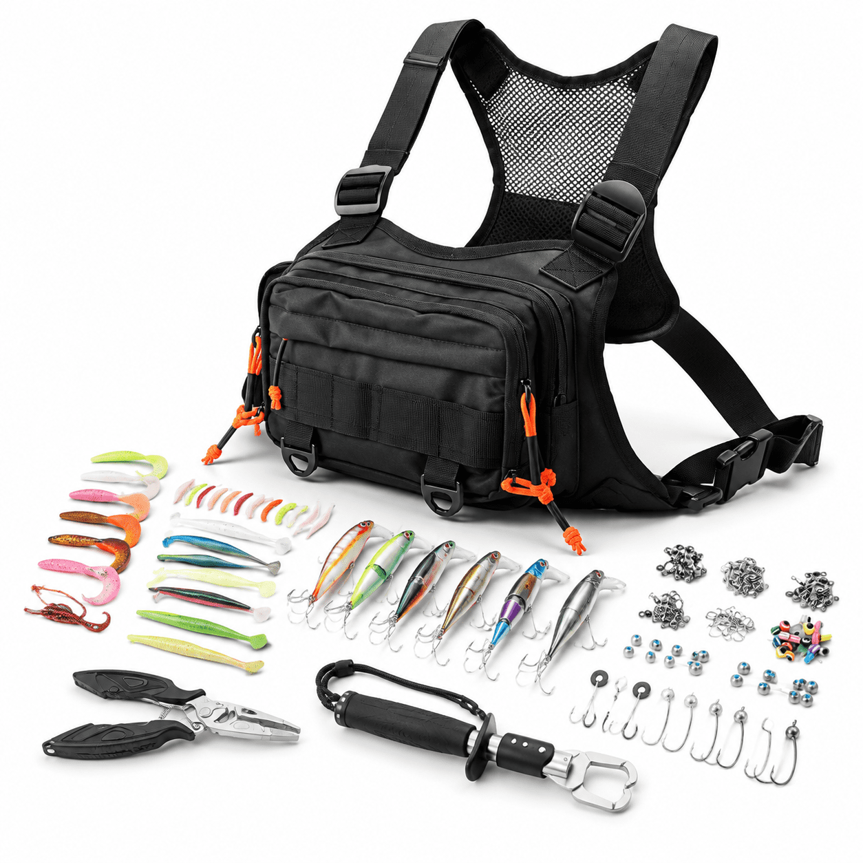 Black All In One Fishing Chest Pack Tackle Bag With Lures Kit