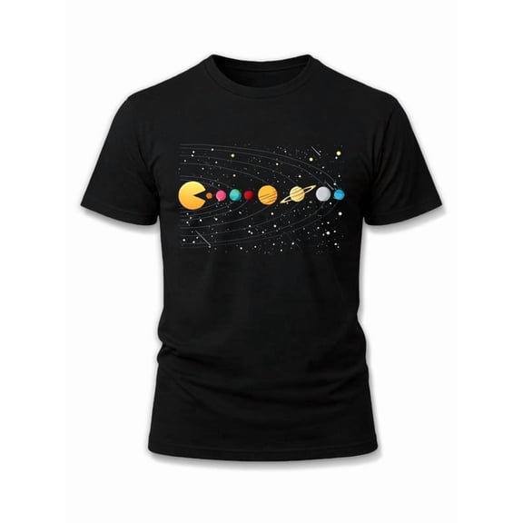 Greenink Galactic Pac-Man Solar System Tee men round neck T-shirt black limited edition 2026 Daily and weekend wear Retro Unisex Shirt Crewneck tshirts