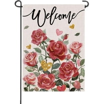 Welcome Valentine''s Day Rose Flowers Small Decorative Garden Flag, Pink Gold Love Heart Floral Yard Lawn Outside Decor, Anniversary Wedding Holiday Outdoor Home Decoration Double Sided 12.5 x 18