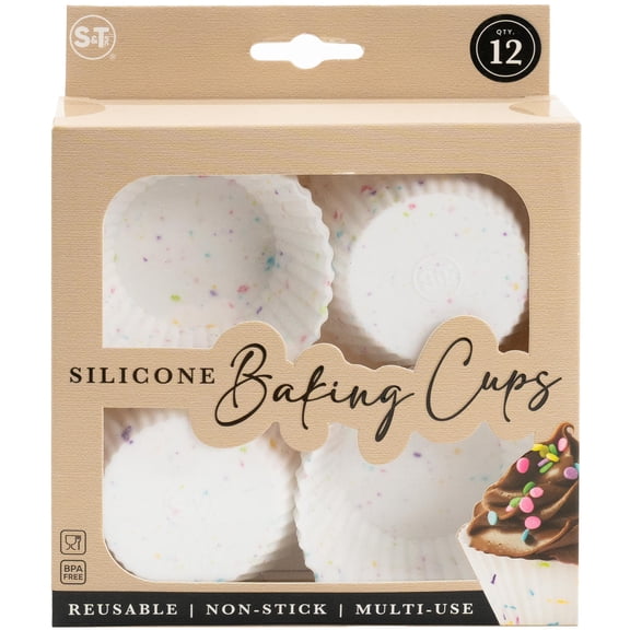 S&T Inc. Reusable Non-Stick Silicone Baking Cups (12 Pack) - Standard Size - Confetti
