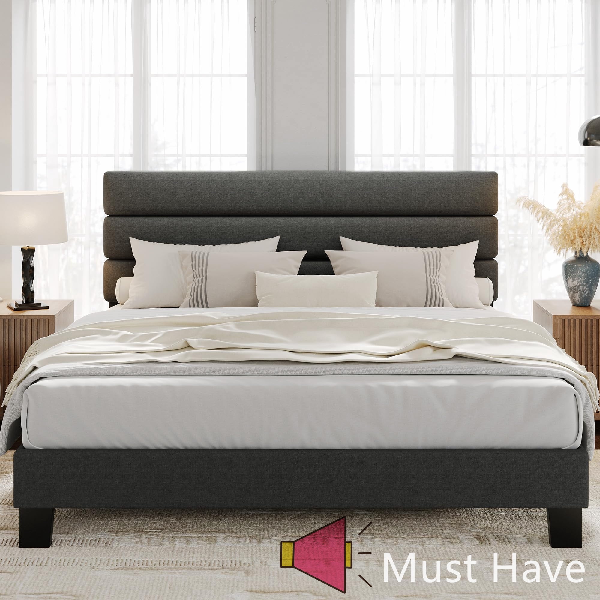 Jojoka King Size Bed Frame with Adjustable Linen Upholstered Headboard, Heavy Duty Platform Bed with Wooden Slats, No Box Spring Needed, Noise-Free Design, Easy Assembly, 1000 lbs Support