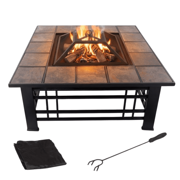 Pure Garden 32-Inch Outdoor Fire Pit with Screen, Cover, and Poker (Black)