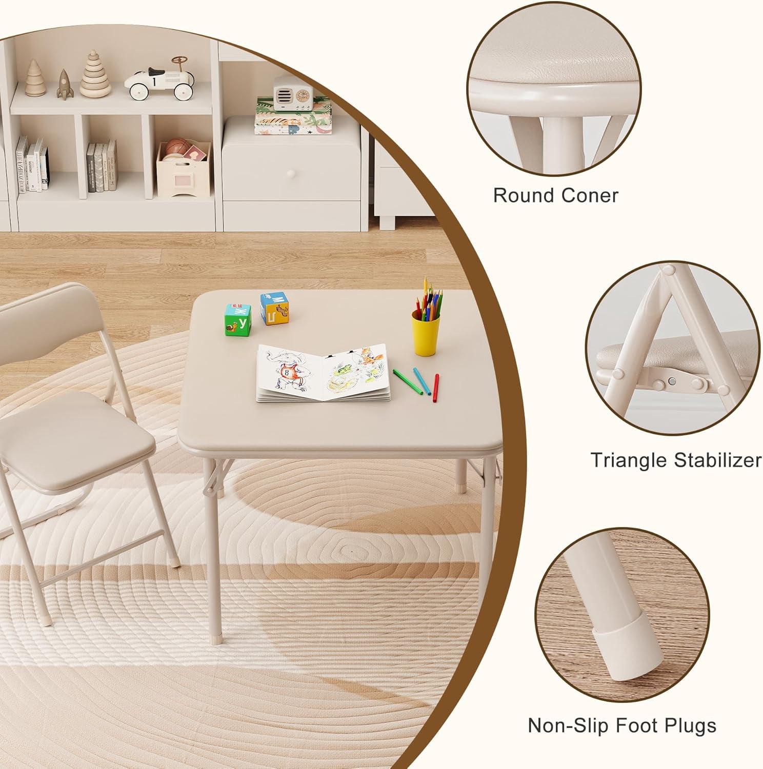 COZONY 3 Piece Kids Folding Table and Chair Set, Pu Soft Cushion, Portable Table and Chair Set for Playing, Reading, Eating, Beige