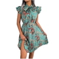 thumbnail image 2 of Wycnly Formal Dresses for Women Party Prom Vintage Ruffle Sleeve Pleated Swing Formal Dresses with Tie Short Sleeve Stand Neck Floral Print 2024 Summer Mini Dress Green s, 2 of 7