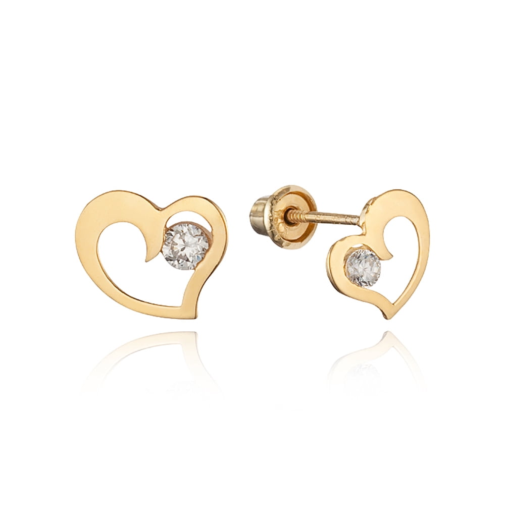 14k Yellow Gold Heart Children Cubic Zirconia Screwback Baby Girls