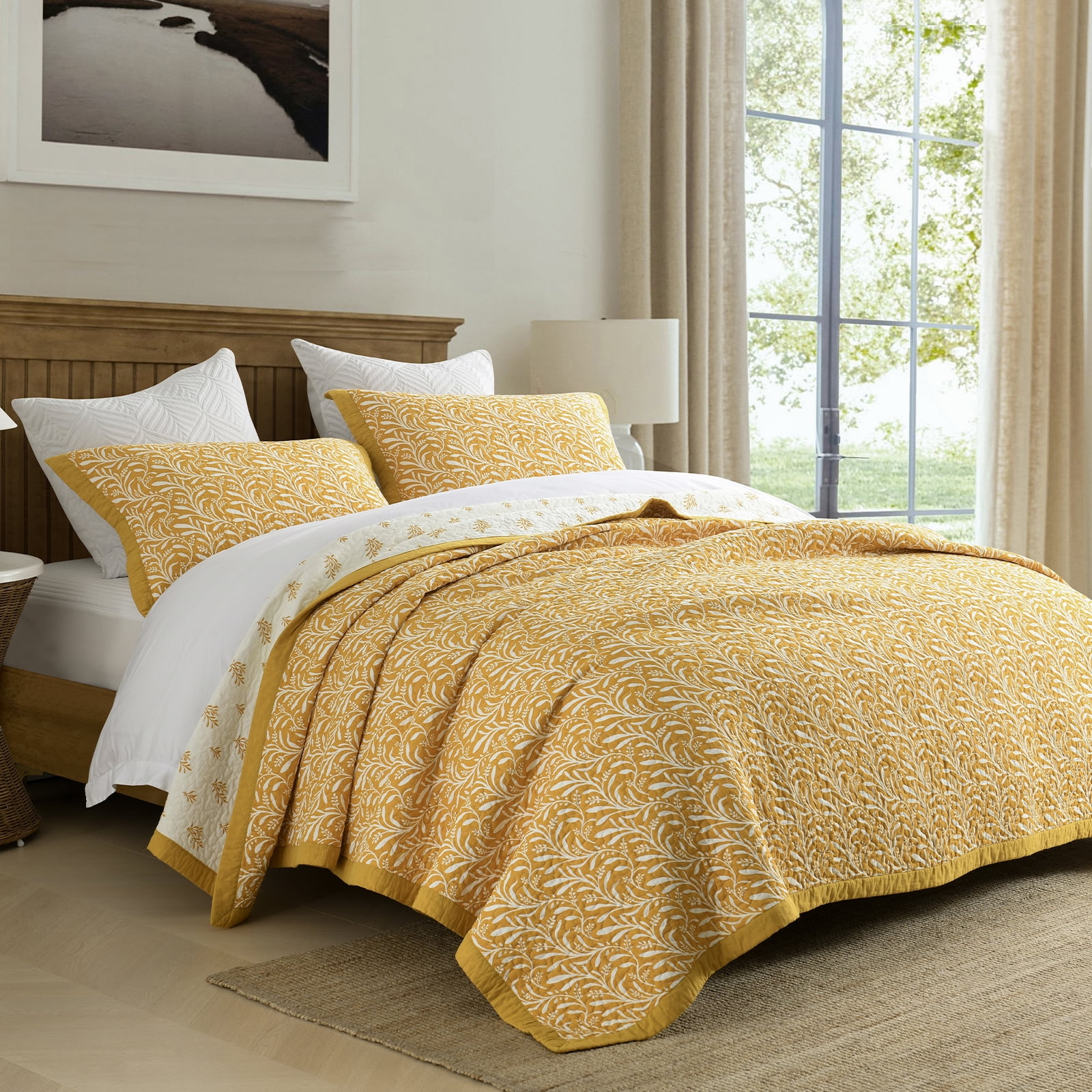 DUOHONG Queen Quilt Set 100% Cotton Farmhouse Lightweight Bedding Set, White/Tangerine Yellow, 90"W x 98"L