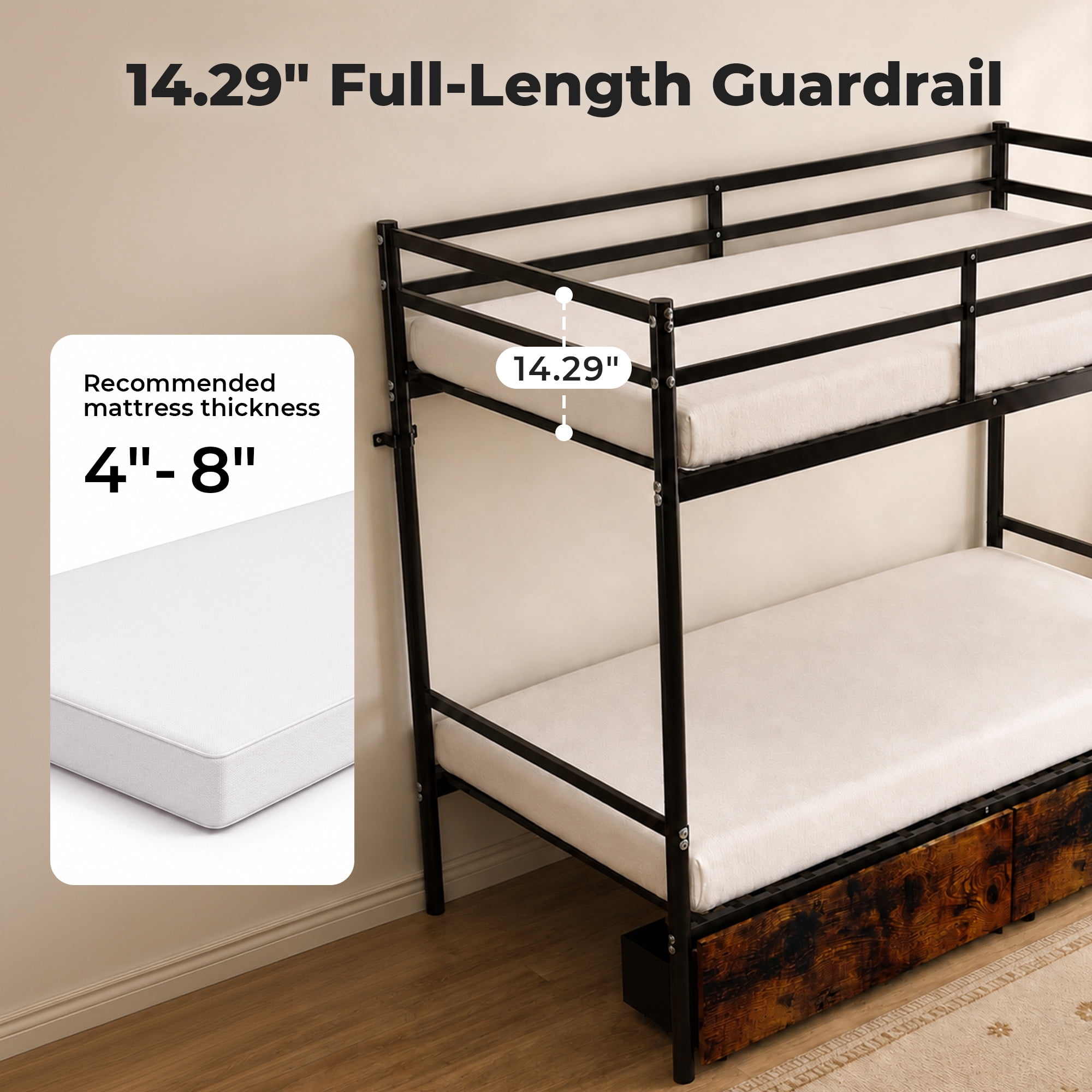 Alvantor Bunk Bed Twin over Twin for Kids, Metal Bunk Bed with Drawers Black