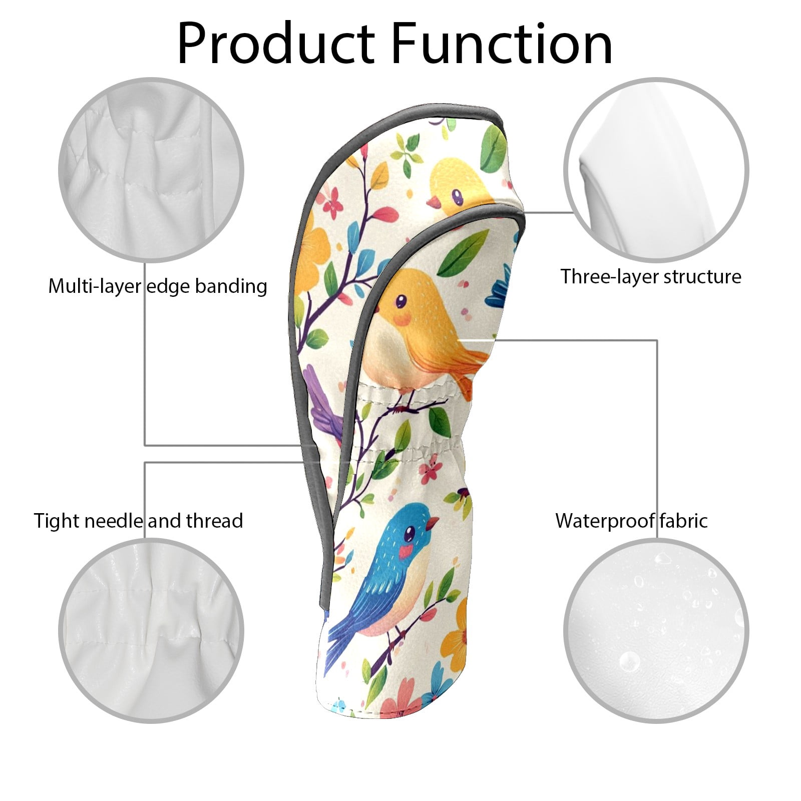 Golf Club Head Covers - Colorful Bird Design, PU Leather, Waterproof, Fits Fairway Woods/Hybrid, Unisex, Fits Most Brands