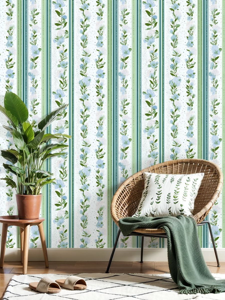 Peel and Stick Wallpaper Floral Stripe Blue Blossoms Green Leaves Light Wall Mural 17.7in x 9.8ft Self Adhesive Removable Wall Paper Renter Friendly Wallpaper for Bedroom Livingroom Office Studio