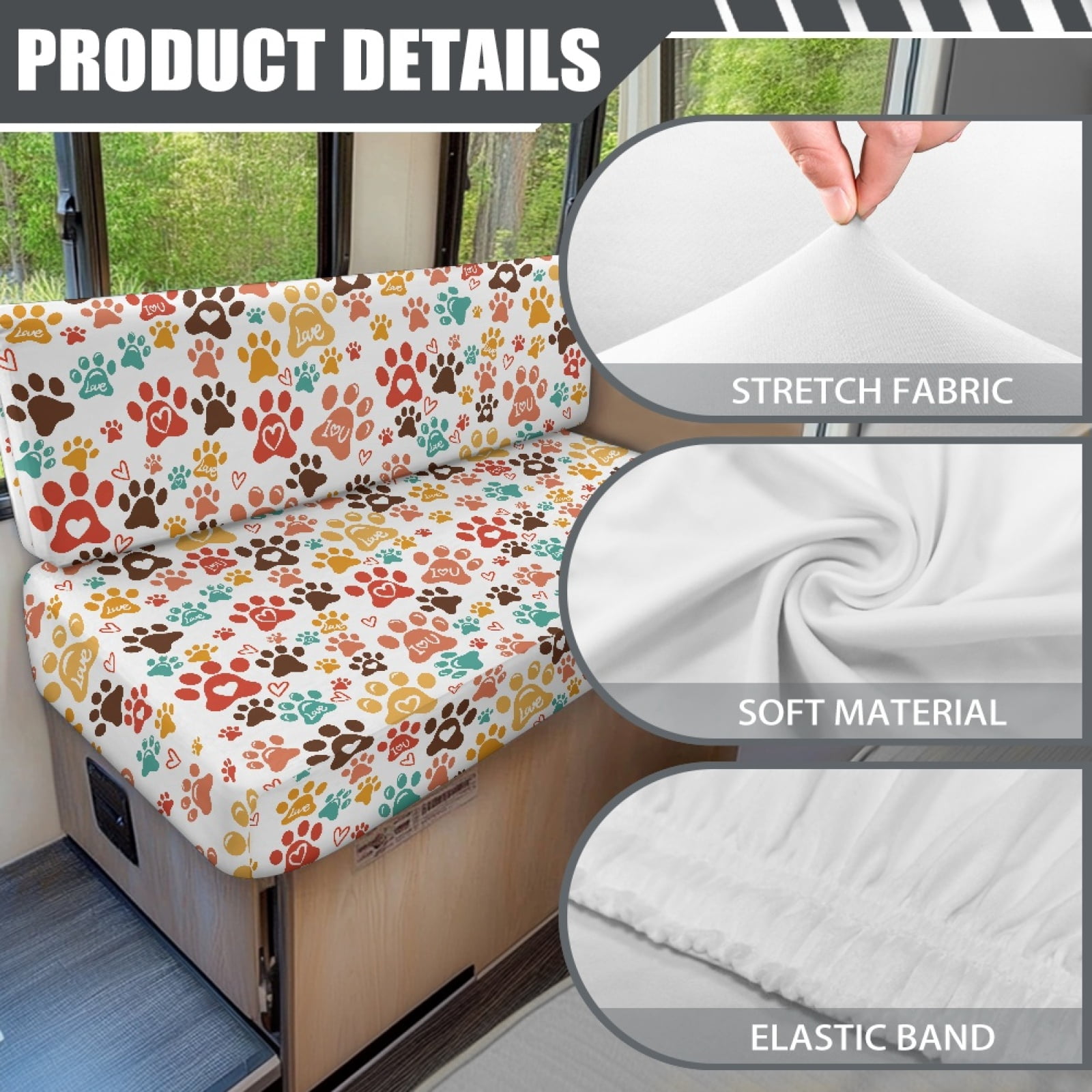 Kuiaobaty Colorful Dog Paw Pattern RV Dinette Cushions Covers for Women Anti-Slip RV Sofa Seat Slipcovers Couch Cushion Slipcovers Sofa Slipcovers Accessories Universal Fit RV