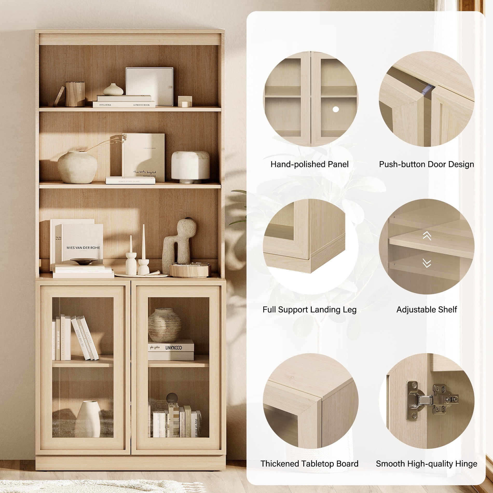 Modern 72" Tall Sideboard Buffet Cabinet, Glass Door Storage Cabinet with Adjustable Shelves, Open & Closed Layered Wood Console Cabinet for Dining Room Living Room Entryway,Beige